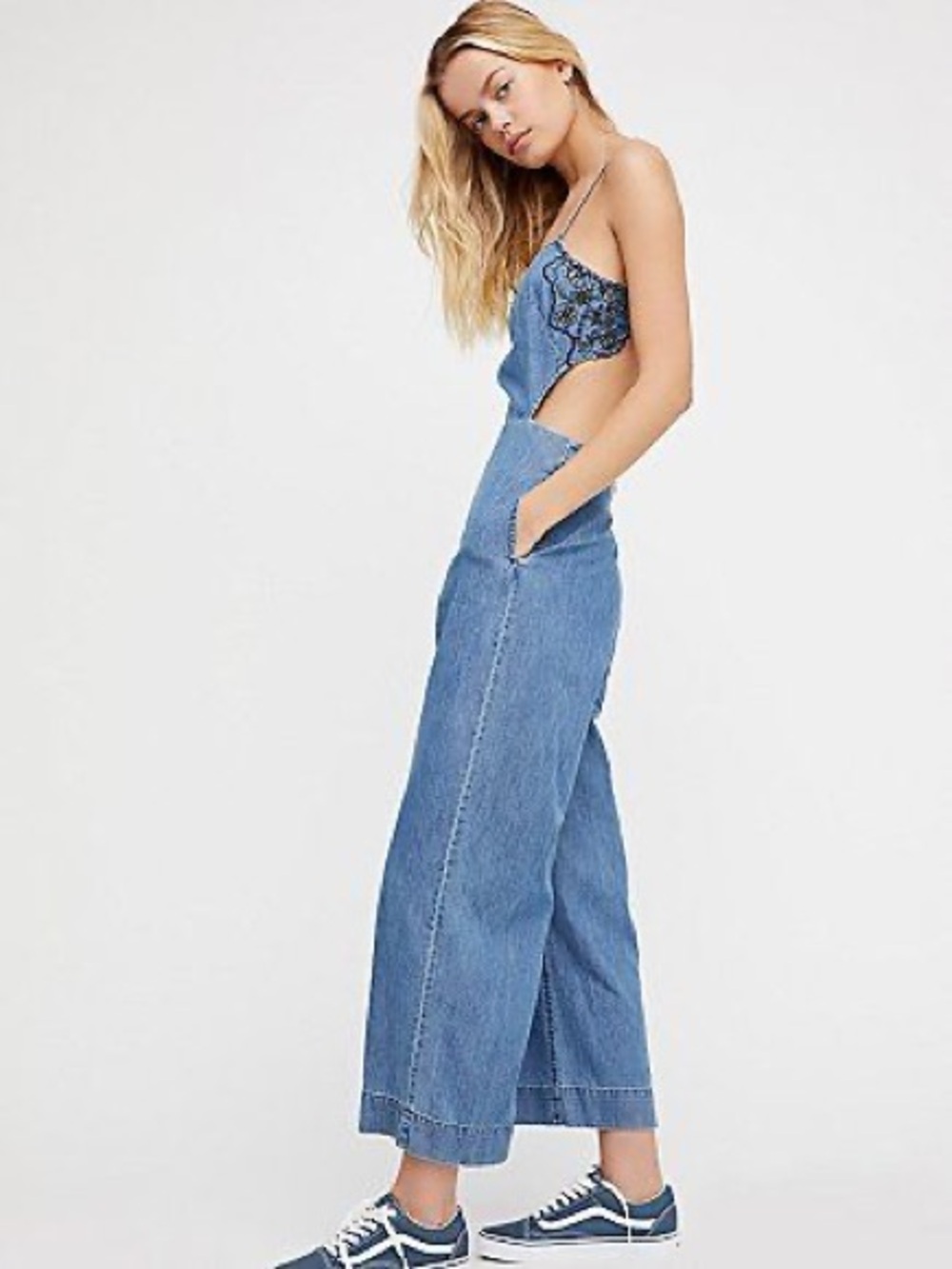 Free People Denim Wide-Leg Jumpsuit with Cutout Detail